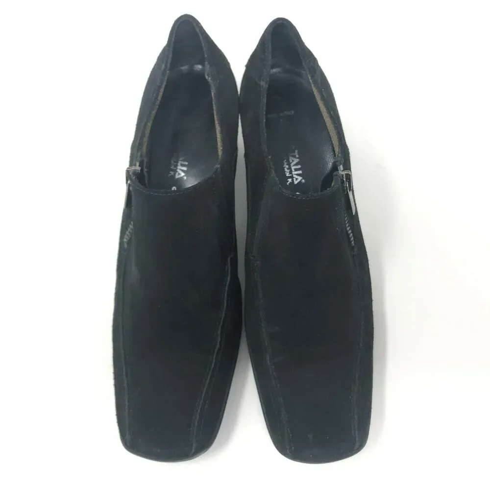 Aquatalia Square‎ Toe Heel Loafer Womens 9 Black Suede Side Zip Stitched Italy